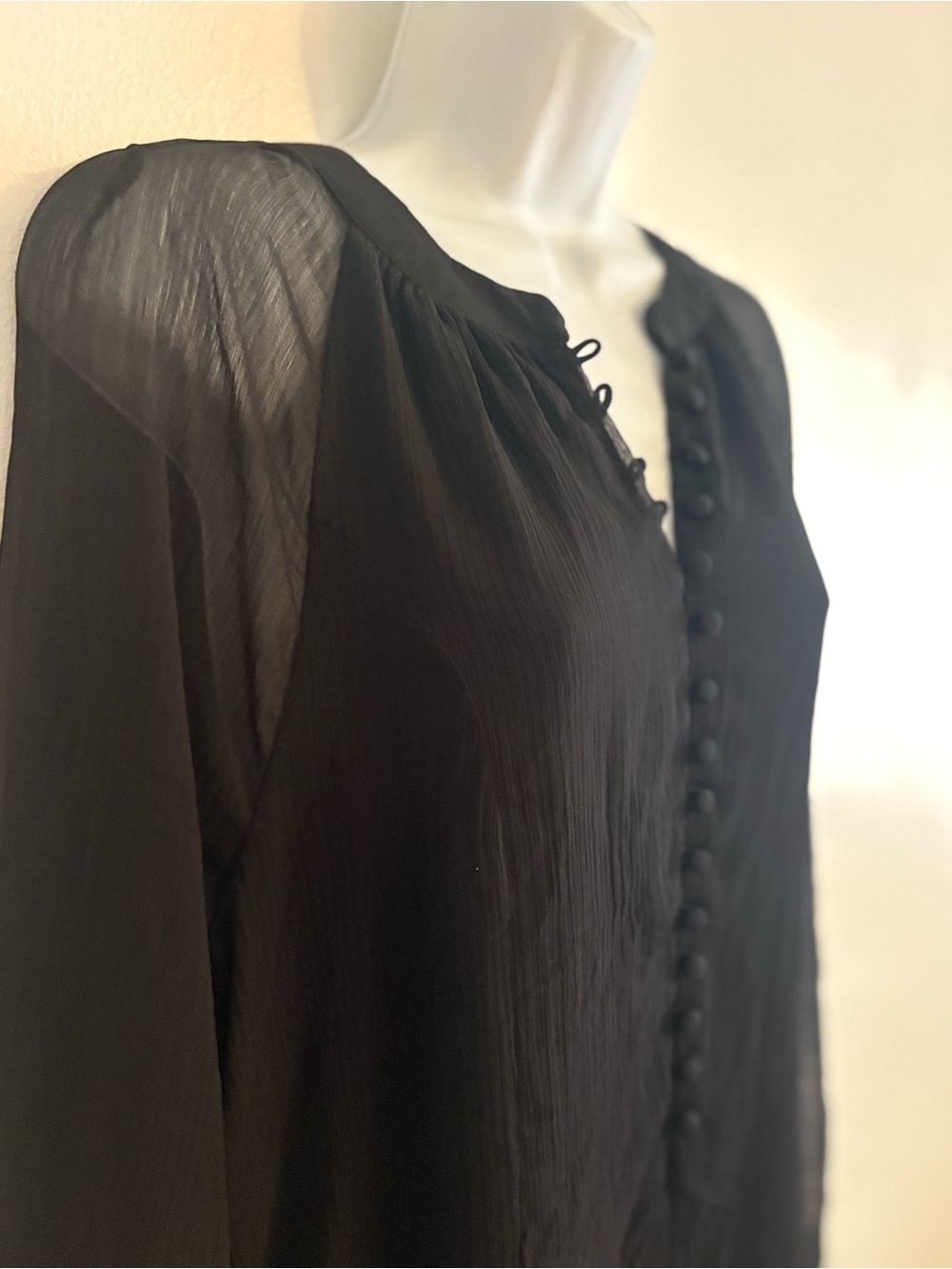 Beach cover up resort bohemian Black Sheer Long Sleeve Button Tunic Dress - Picture 7 of 9